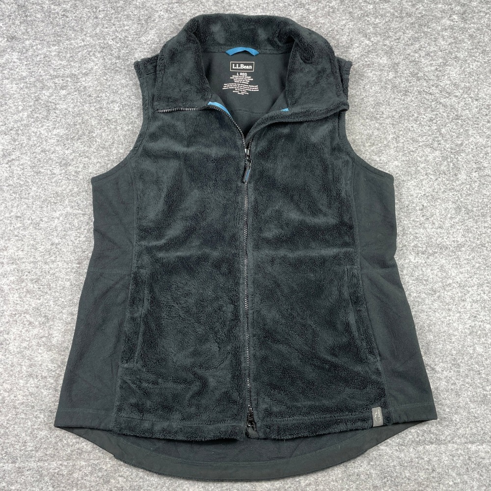 LL Bean Vest Womens Large Black Hi-Pile Fleece Full Zip Sleeveless Jacket 506187